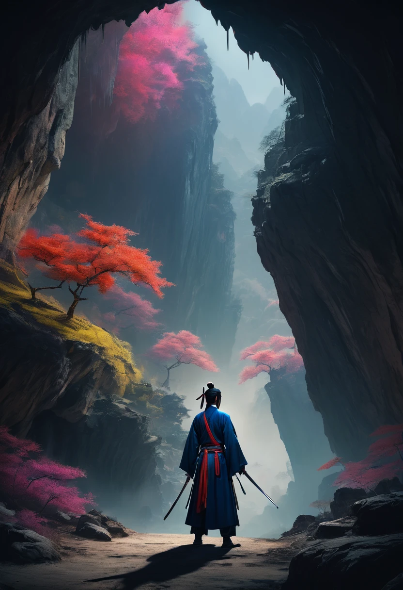 Chinese wuxia, A swordsman stands at the entrance of the cave, the entrance is super dark, panoramic, Ultra high saturation, bright and vivid colors, intricate, (best quality, masterpiece, Representative work, official art, Professional, 8k)