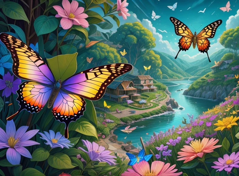 FUNDO 100% portanto, Illustration with colorful butterflies flying illustrating background 100% portanto, flores ao redor do fundo portanto, obra prima, best resolution 16k, Colouring, tamanho  2000x2600 pixels