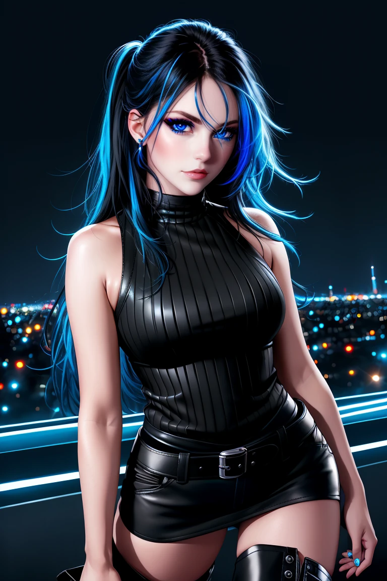 beautiful girl, full body, bright blue neon streaked dishevelled hair, ((large light realistic detailed eyes:1.3)), ((seductive pose:1.5)), black eyeshadow, (street style wear:1.2), ((tight fitted short skirt)), ((thigh high leather boots:1.3)), ((dark city night black background:1.4)), dark makeup, digital art, trending on artstation, highly detailed, fine detail, intricate, beautiful detailed glow, detailed, Cinematic light, high-res, detailed facial features, sharp focus, smooth, aesthetic,