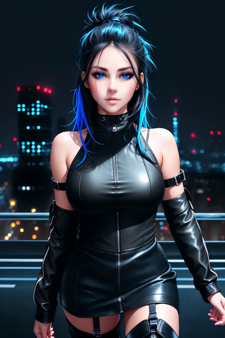 beautiful girl, full body, bright blue neon streaked dishevelled hair, ((large light realistic detailed eyes:1.3)), ((seductive pose:1.5)), black eyeshadow, (street style wear:1.2), ((tight fitted short skirt)), ((thigh high leather boots:1.3)), ((dark city night black background:1.4)), dark makeup, digital art, trending on artstation, highly detailed, fine detail, intricate, beautiful detailed glow, detailed, Cinematic light, high-res, detailed facial features, sharp focus, smooth, aesthetic,