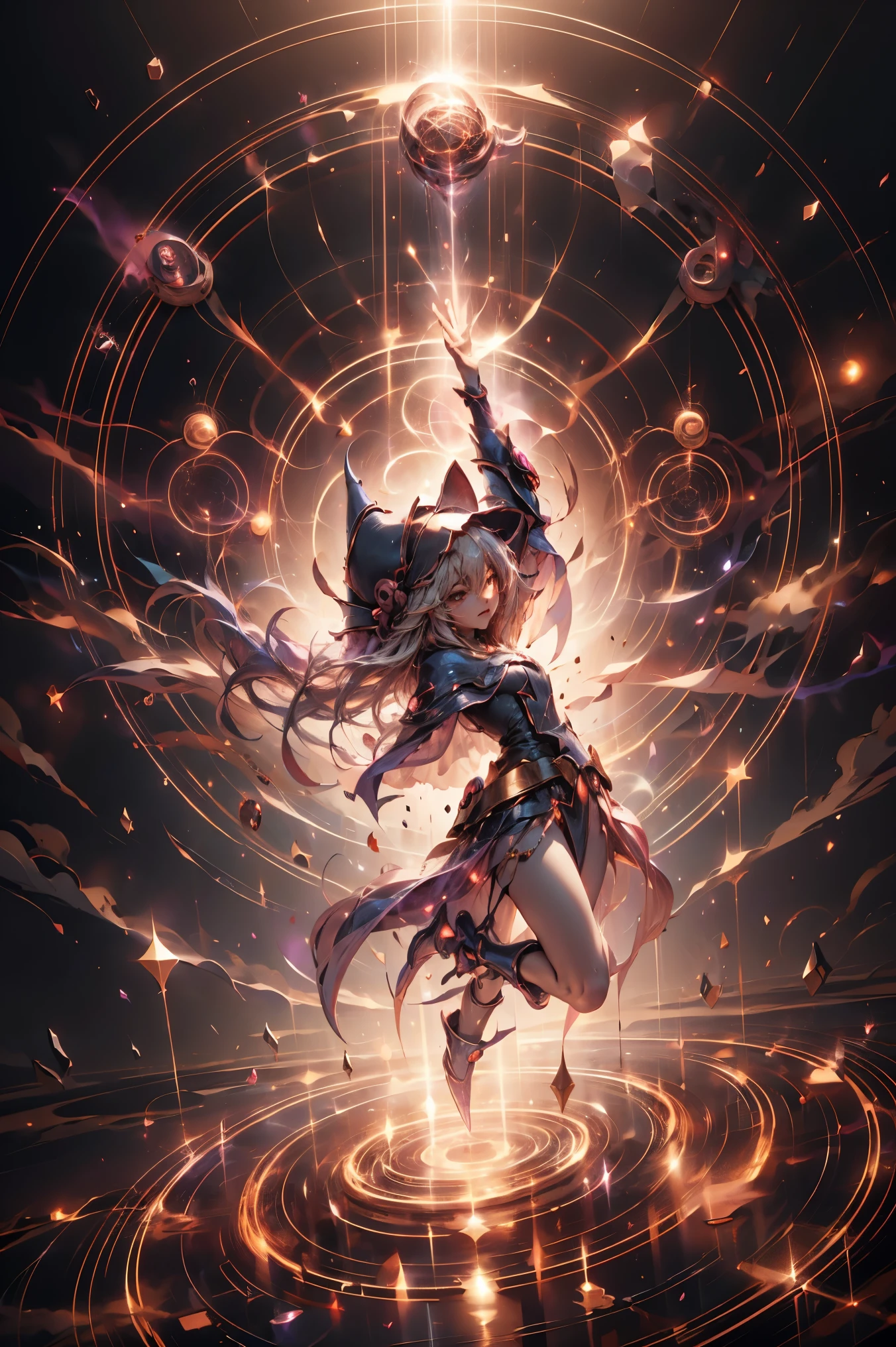 Dark magician gils. Levitating above a circle of magic. Energy heart in the air. Pose de piernas levantadas. Brazos levantados. Pose sensual y inocente. Efectos de hechizos en las manos. 