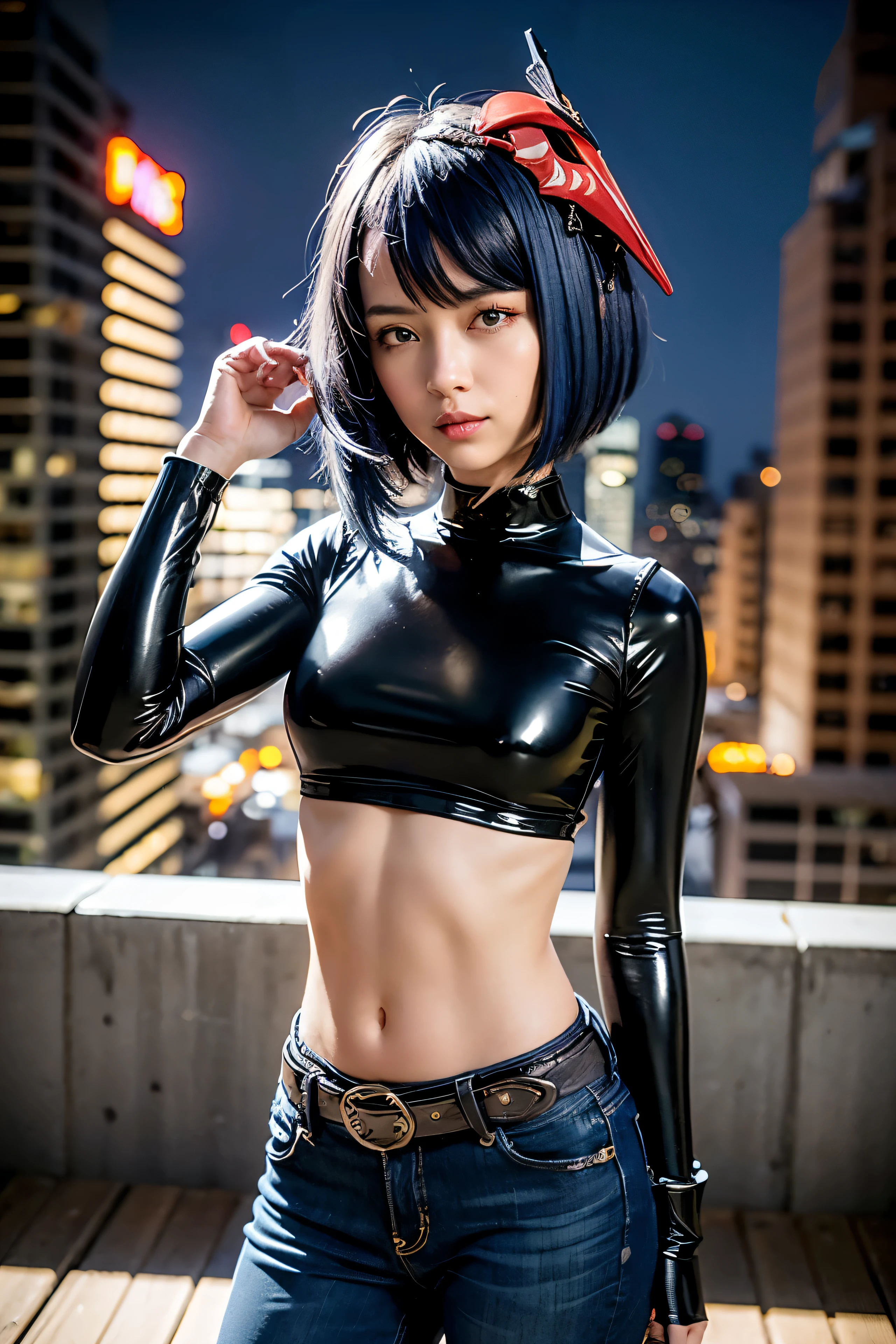 1girl, mask on head, blue hair, short hair, yellow eyes, ((black long sleeved latex top, long blue jeans, heels)), iron belt, ((bare midriff, navel, upper body)), high quality, night, town, standing, smile, looking at viewer