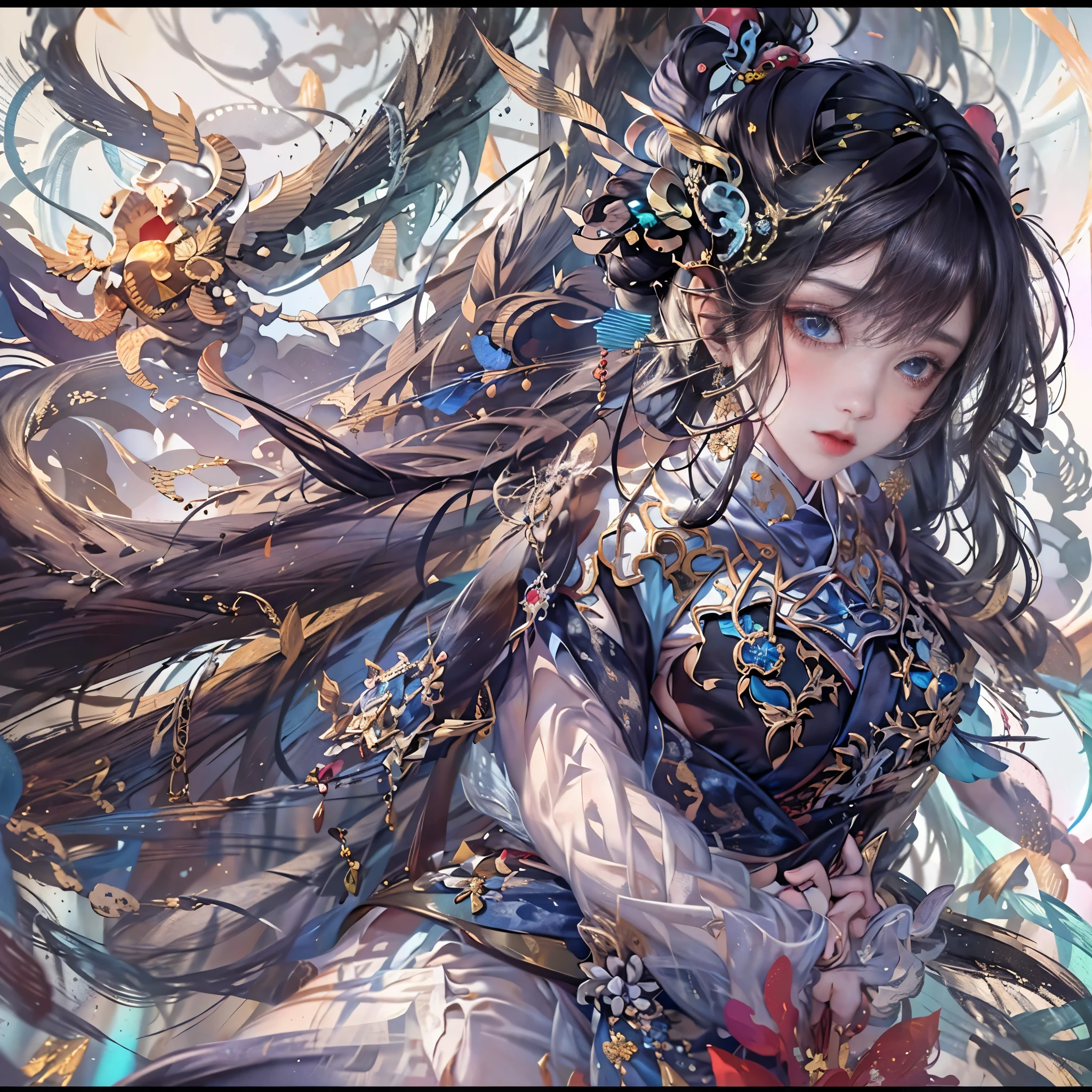 official art,unified 8k wallpaper,Super detailed,Beauty and aesthetics,masterpiece,best quality,(ztwist,tangled,twist),(fractal art:1.4),black hair,chinese idol,China女人,The content is very detailed,dynamic angle,Cast spells,Color with many colors,(Chaos in its most beautiful form),Elegant,(Bright colors),overclocking,China,(ribbon:1.3),(Dreamy and magical:1.5),(hanfu:1.5),China龙,China凤凰,(Smile:0.5 ),(China神),Magical light and shadow,perfect face,perfect hands