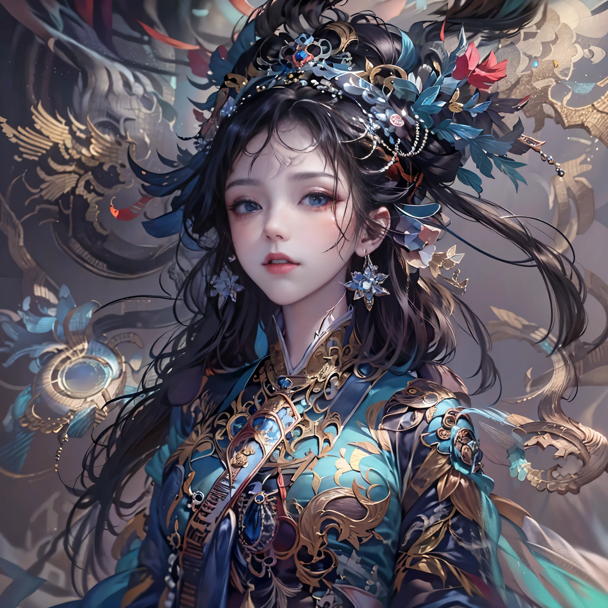 official art，unified 8k wallpaper，Super detailed，Beauty and aesthetics，masterpiece，best quality，（ztwist，tangled，twist），（fractal art：1.4），black hair，chinese idol，China女人，The content is very detailed，dynamic angle，Cast spells，Color with many colors，（Chaos in its most beautiful form），Elegant，（Bright colors），overclocking，China，（ribbon：1.3），（Dreamy and magical：1.5），（hanfu：1.5），China龙，China凤凰，（Smile：0.5 ),(China神),Magical light and shadow，perfect face，perfect hands