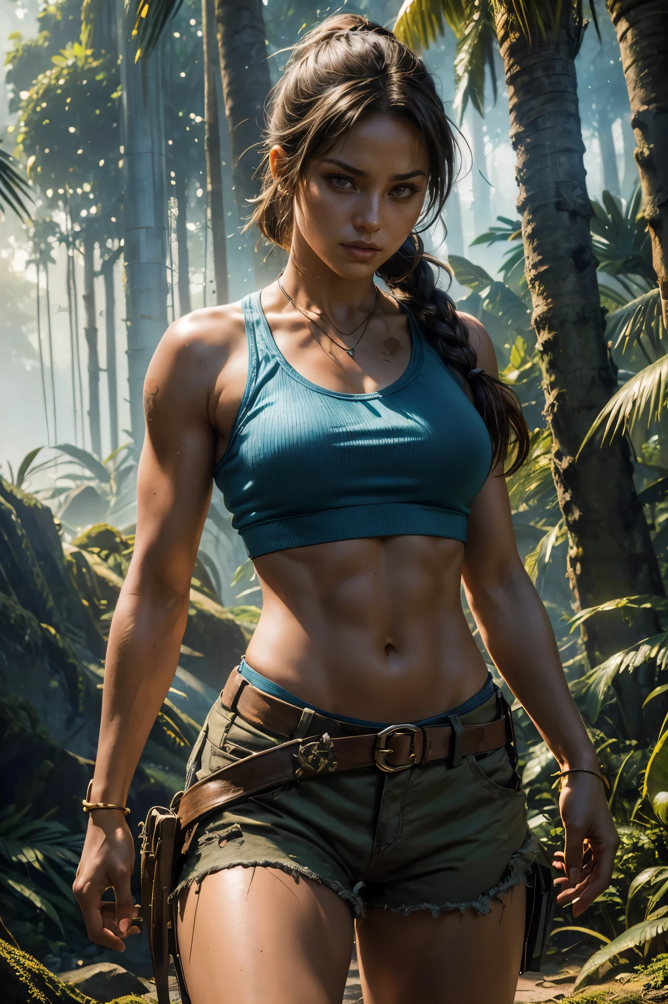 (sexy, eye-catching, seductive) tomb raider, (detailed, beautiful) blue tank top, (practical, stylish) cargo shorts, single braid ponytail (adventurous, determined) expression on her face, (long, flowing) brown hair, (fit, athletic) physique, (confident, powerful) posture, (visually stunning, vibrant) jungle background, (sunlight streaming through the trees, casting dramatic shadows), (crumbling ancient ruins in the distance), (mystical, hidden) artifacts, (exotic, dangerous) wildlife, (authentic, photorealistic) art style, (vivid, saturated) colors, (dynamic, dramatic) lighting, (best quality, high-res) image, (ultra-detailed, sharp focus) on the character, (professionally rendered, realistic) textures, (bokeh) effect for depth of field, no tattoos