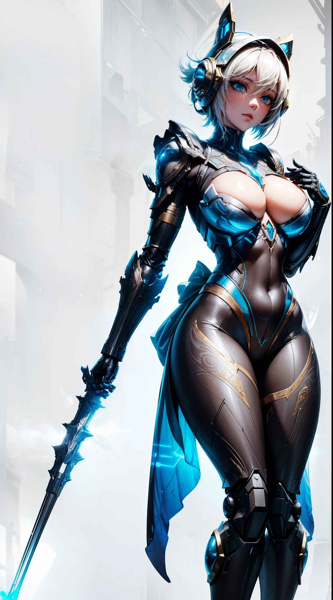 Bust ((from face to the waist)) beauty woman as 2B in hyperrealistic detailed tight ornad elegant sci-fi tatical suit, ((Saint Seya sci-fi mech helmet style)), cinematic illumination 8k, (masterpiece), ultra sharp focus, golden ratio, midnight hour, holding a lance