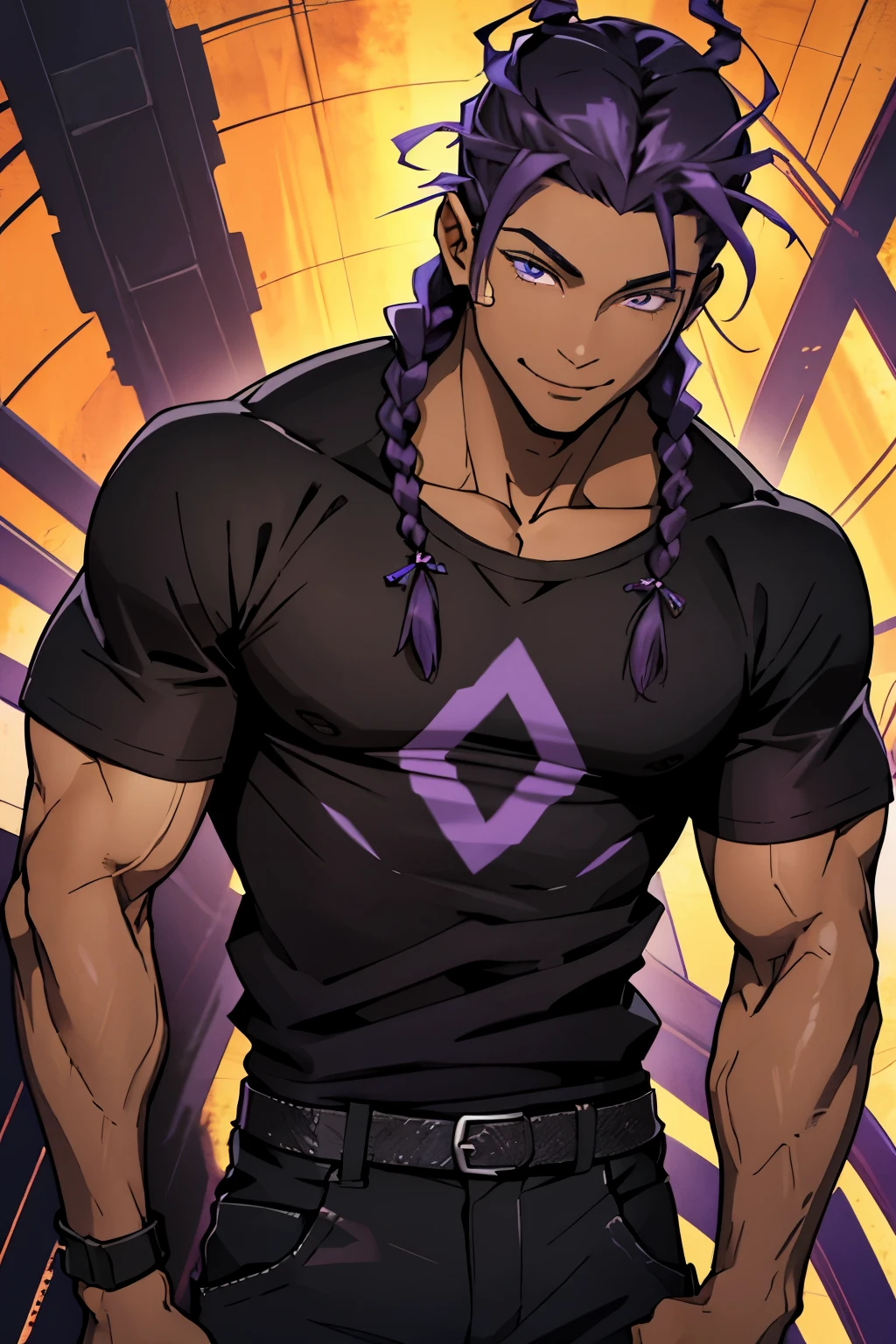 black young man, black and purple hair with two braids, olhos purpura, camiseta branca, black pants, sorriso arrogante, hunter's eyes, face calma, fortinho