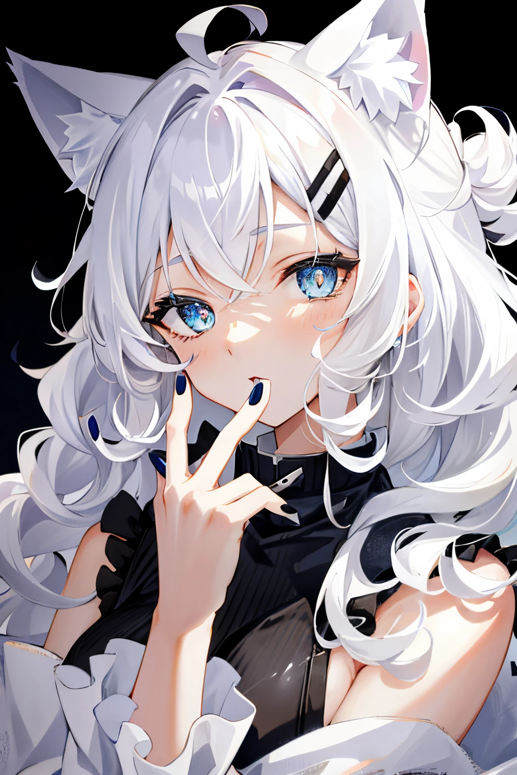 Cat lady cat ears slightly curly white hair black nails