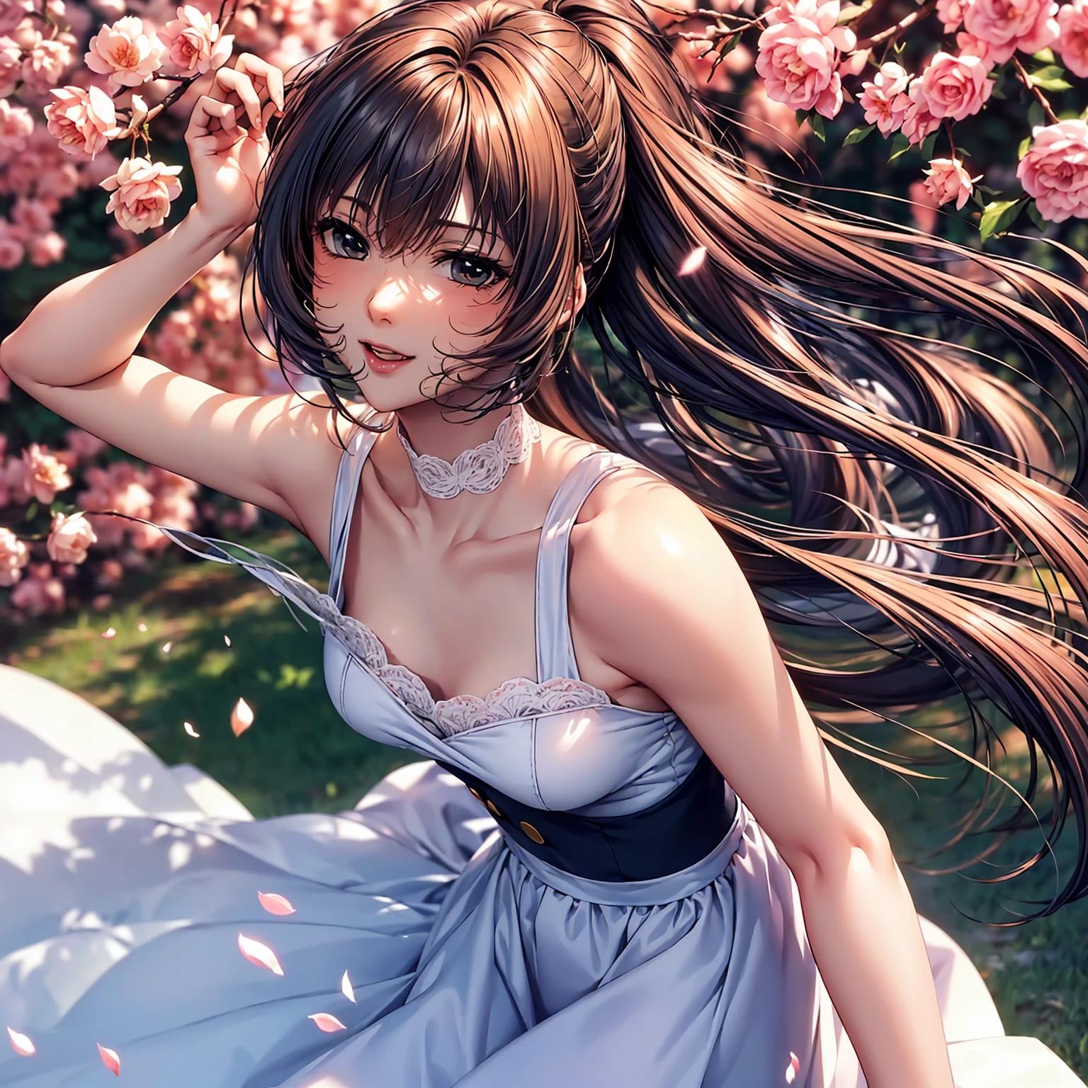 (highest quality、masterpiece、very high resolution、ultra high resolution.high quality details)、(A woman of perfect and ultimate beauty:18-year-old,bright smile,beautiful body、beautiful face)、(There are many variations of hairstyles,Bangs are neatly arranged,long straight hair on the side,beautiful hair quality),(Beautiful breasts with a slender body shape:F cup,Beautiful hair texture,beautiful skin texture,Lifelike textures,Beautiful colors),(Japanese girls' high school uniform:white blouse,ribbon,cardigan,blazer,pleated skirt,high school girl,JK:1.2),(the wind is blowing,The wind blows and my skirt flaps,Hair flutters under the influence of the wind,sight,mouth open 1.2),A path lined with flourishing cherry blossom trees,Cherry blossoms fall,beautiful scenery,(whole body,Thighs are visible,accurate anatomy、highly detailed images、accurate image、Perfect Image 1.5)、beautiful anime woman, beautiful art style, anime character、(Overall image、Image without defects、natural soft light、beautiful images),(best shot,Raw photo 1.2)