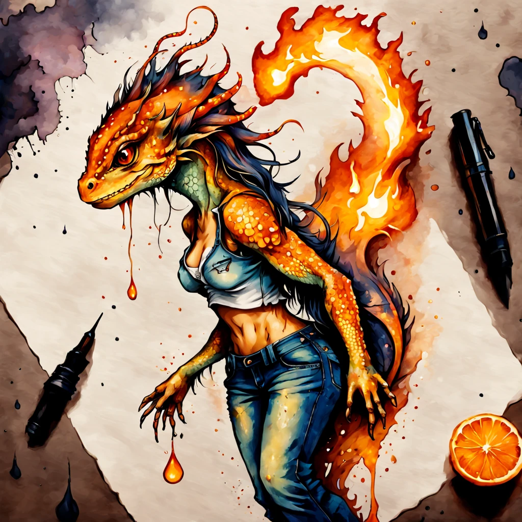 Orange scaled Lizard monster girl with  a tail with a flame on it and dressed in a shirt and jeans, ink style, ink stains
