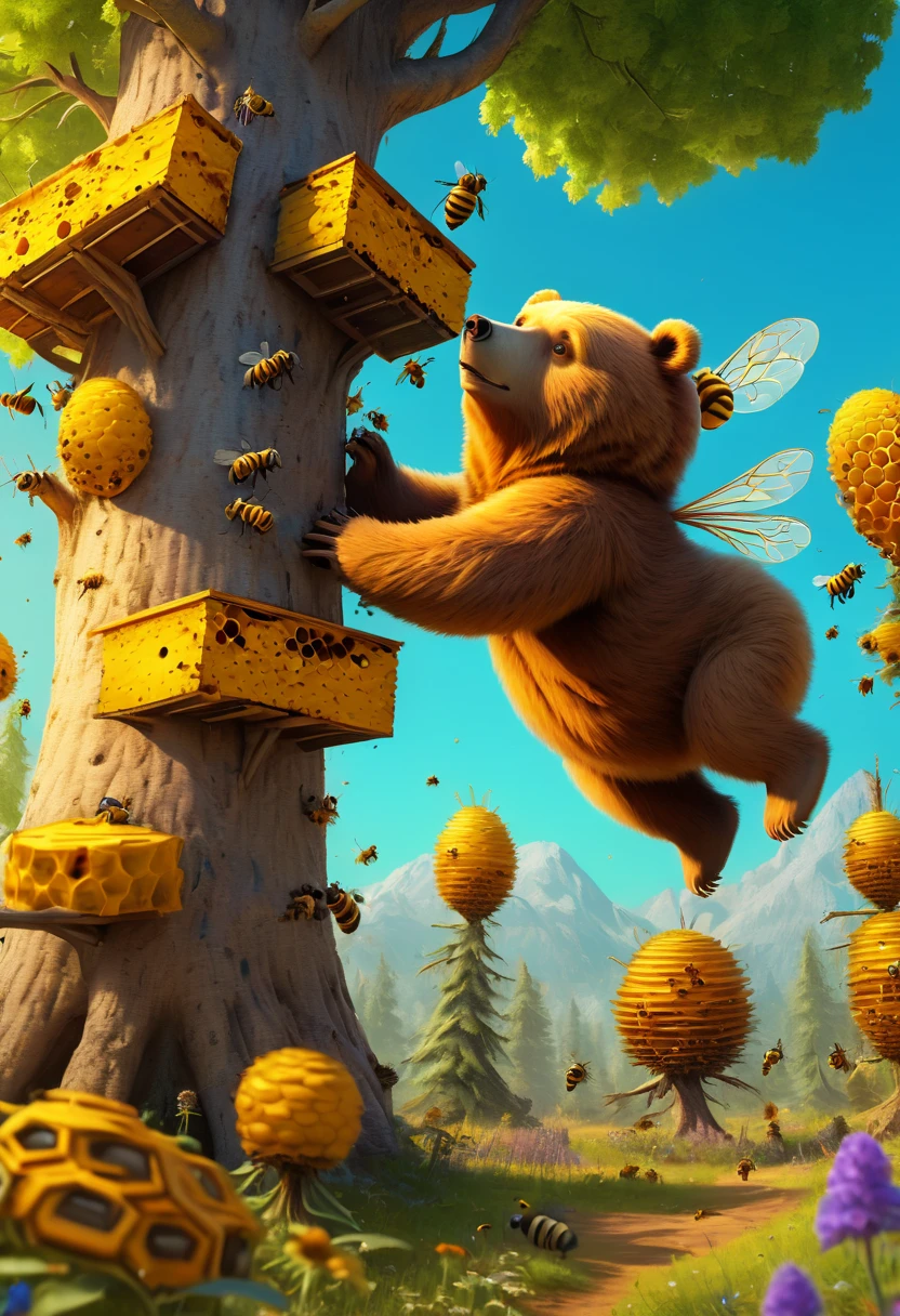 Pixar style, a Bear careful approaching the hive, bees are around the hive, hive on a tree, panoramic, Ultra high saturation, bright and vivid colors, intricate, (best quality, masterpiece, Representative work, official art, Professional, 8k)