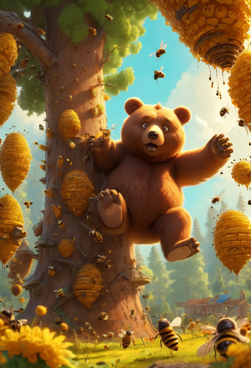 Pixar style, a Bear careful approaching the hive, bees are around the hive, hive on a tree, panoramic, Ultra high saturation, bright and vivid colors, intricate, (best quality, masterpiece, Representative work, official art, Professional, 8k)