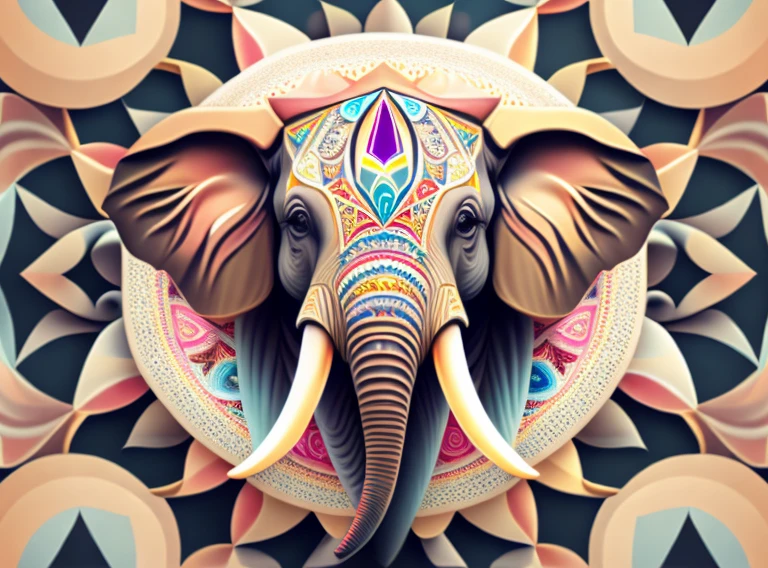 A kaleidoscope radiating joy with a majestic elephant head at the center vector, illustration