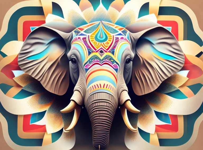 A kaleidoscope radiating joy with a majestic elephant head at the center vector, illustration