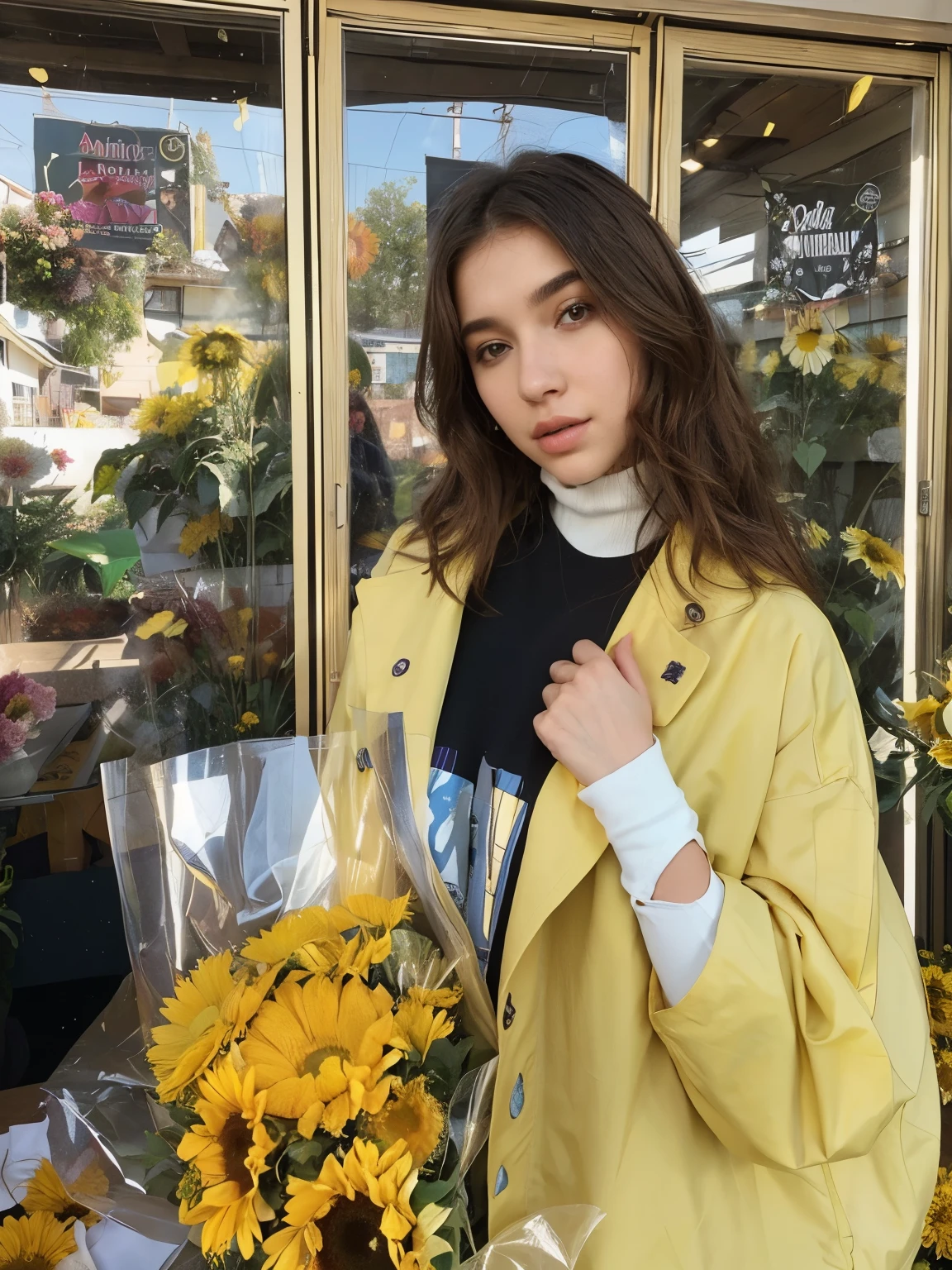mujer araffe con un abrigo amarillo sosteniendo un ramo de girasoles, con flores, with yellow cloths, estilo de julia razumova, ropa amarilla, vistiendo una sudadera con capucha y flores, Dua Lipa, Retrato de Sophie Mudd, tema de pelo ondulado amarillo, girasoles en el fondo, vistiendo un jersey de cuello alto y una chaqueta, anna nikonova aka new milkmaid, sosteniendo flores