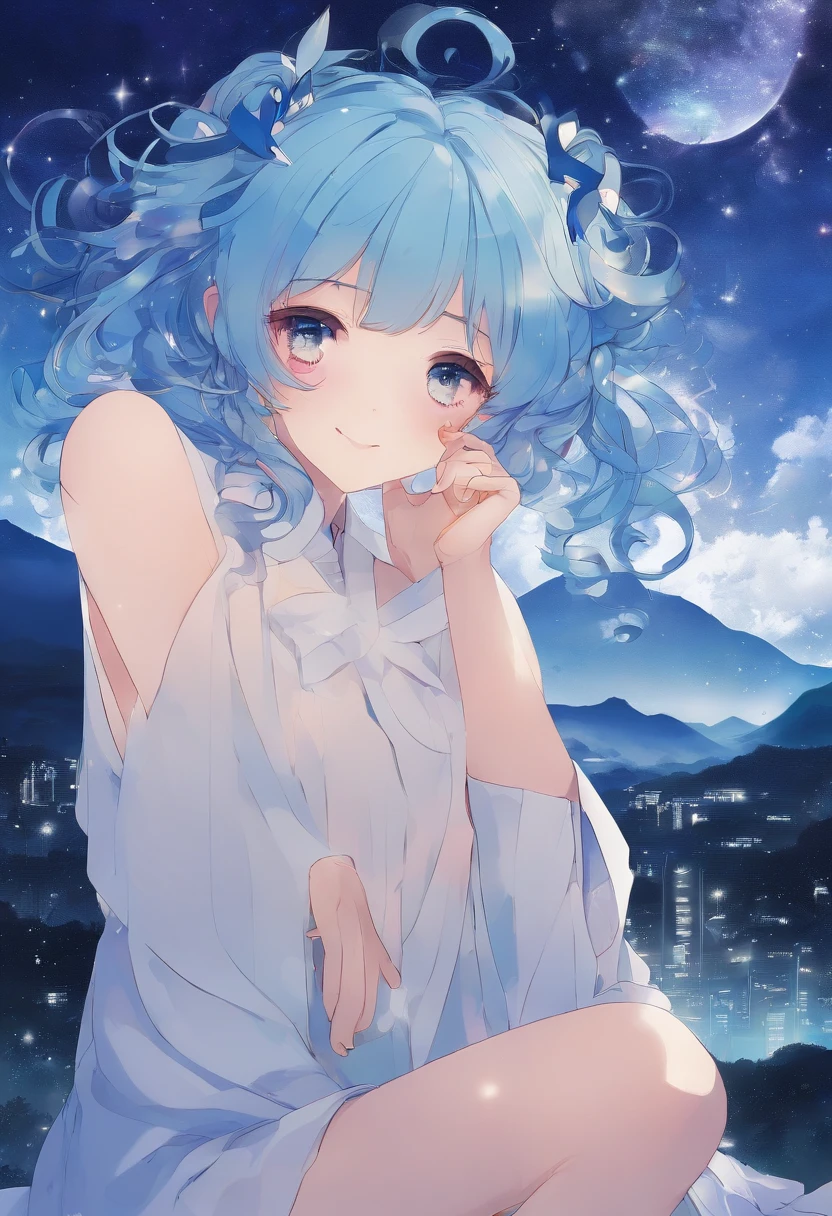 18 year old female、 Blue hair with curly twintails、bangs、naked、small breasts、cute smile、small ass、night sky pictures,curly hair,anime girl,slender body、stars in the night sky々、aurora