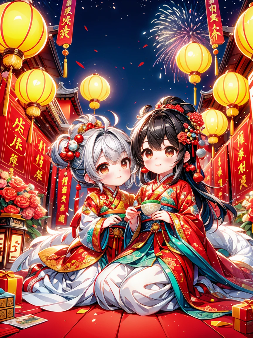 Extremely cute  princess, Chinese dragon, Chinese New Year celebration, full of traditional holiday elements like fireworks, firecrackers and red spring couplets