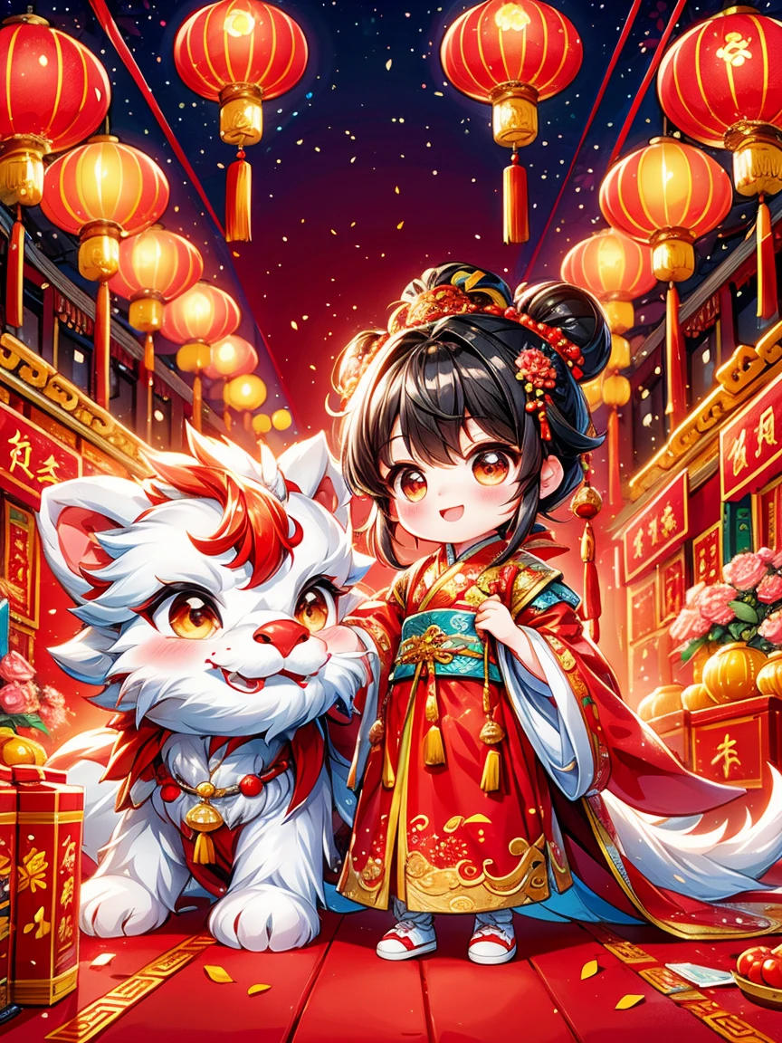 Extremely cute toddler princess, Chinese dragon, Chinese New Year celebration, full of traditional holiday elements like fireworks, firecrackers and red spring couplets