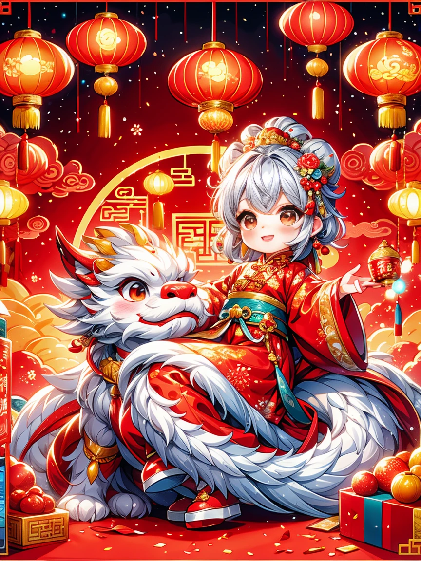 Extremely cute  princess, Chinese dragon, Chinese New Year celebration, full of traditional holiday elements like fireworks, firecrackers and red spring couplets