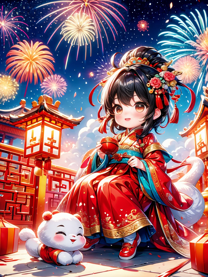 Extremely cute  princess, Chinese dragon, Chinese New Year celebration, full of traditional holiday elements like fireworks, firecrackers and red spring couplets