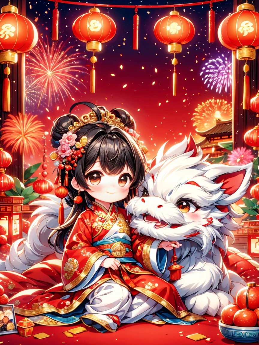 Extremely cute  princess, Chinese dragon, Chinese New Year celebration, full of traditional holiday elements like fireworks, firecrackers and red spring couplets