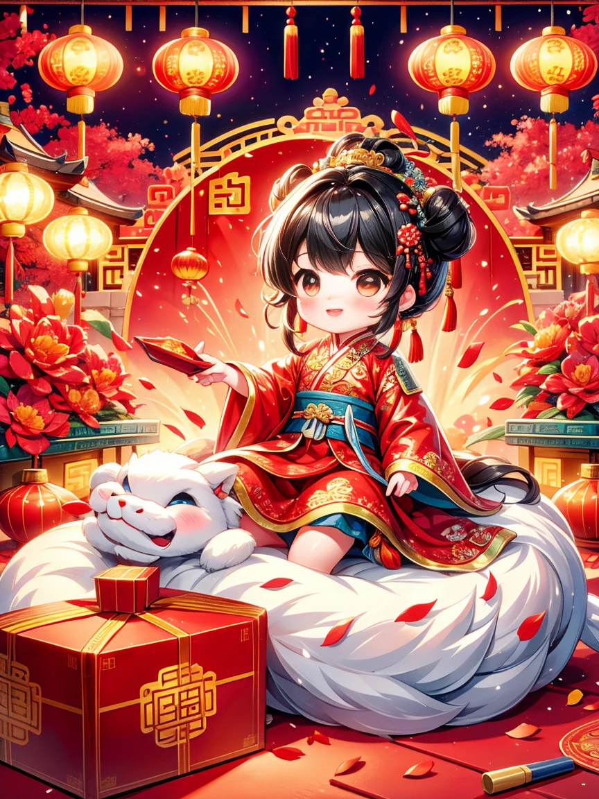 Extremely cute toddler princess, Chinese dragon, Chinese New Year celebration, full of traditional holiday elements like fireworks, firecrackers and red spring couplets