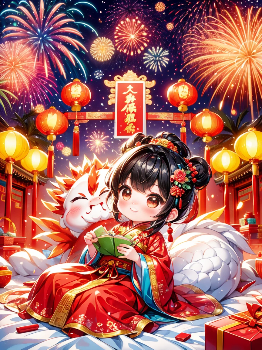 Extremely cute toddler princess, Chinese dragon, Chinese New Year celebration, full of traditional holiday elements like fireworks, firecrackers and red spring couplets