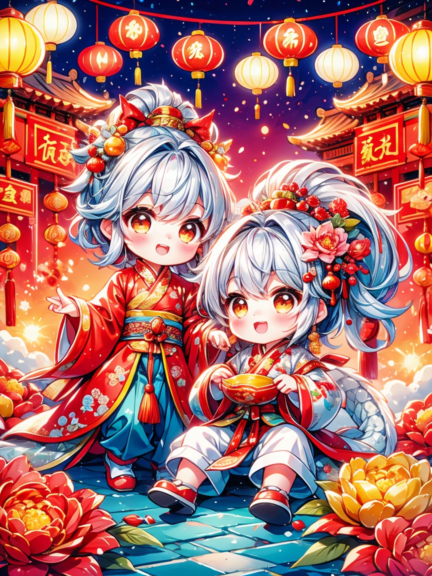 Extremely cute  princess, Chinese dragon, Chinese New Year celebration, full of traditional holiday elements like fireworks, firecrackers and red spring couplets