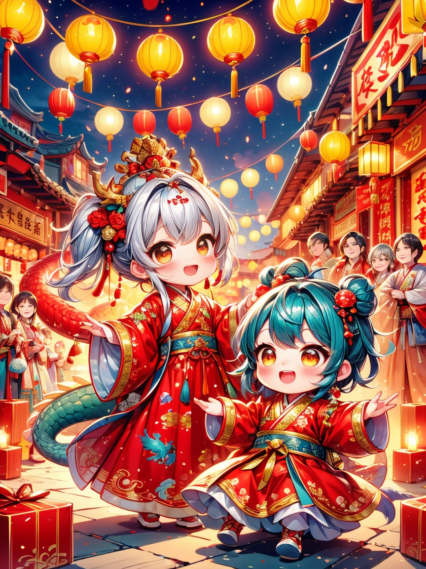 (ultra-detailed,highres:1.2), Extremely cute toddler princess, Chinese dragon, Chinese New Year celebration, fireworks, firecrackers, red spring couplets, vibrant colors, traditional costumes, joyful atmosphere, lanterns, auspicious symbols, dragon dance, festive decorations, lively crowd, happy children, animated expressions, intricate dragon scales, intricate embroidery, intricate patterns, swirling dragon tail, dynamic movements, traditional music, rhythmic drums, joyful laughter, golden ornaments, auspicious red, bustling streets, excitement in the air, glowing lanterns, vibrant energy, cultural heritage, festive atmosphere, traditional customs, prosperity and good fortune, vibrant celebrations, heartwarming family reunion