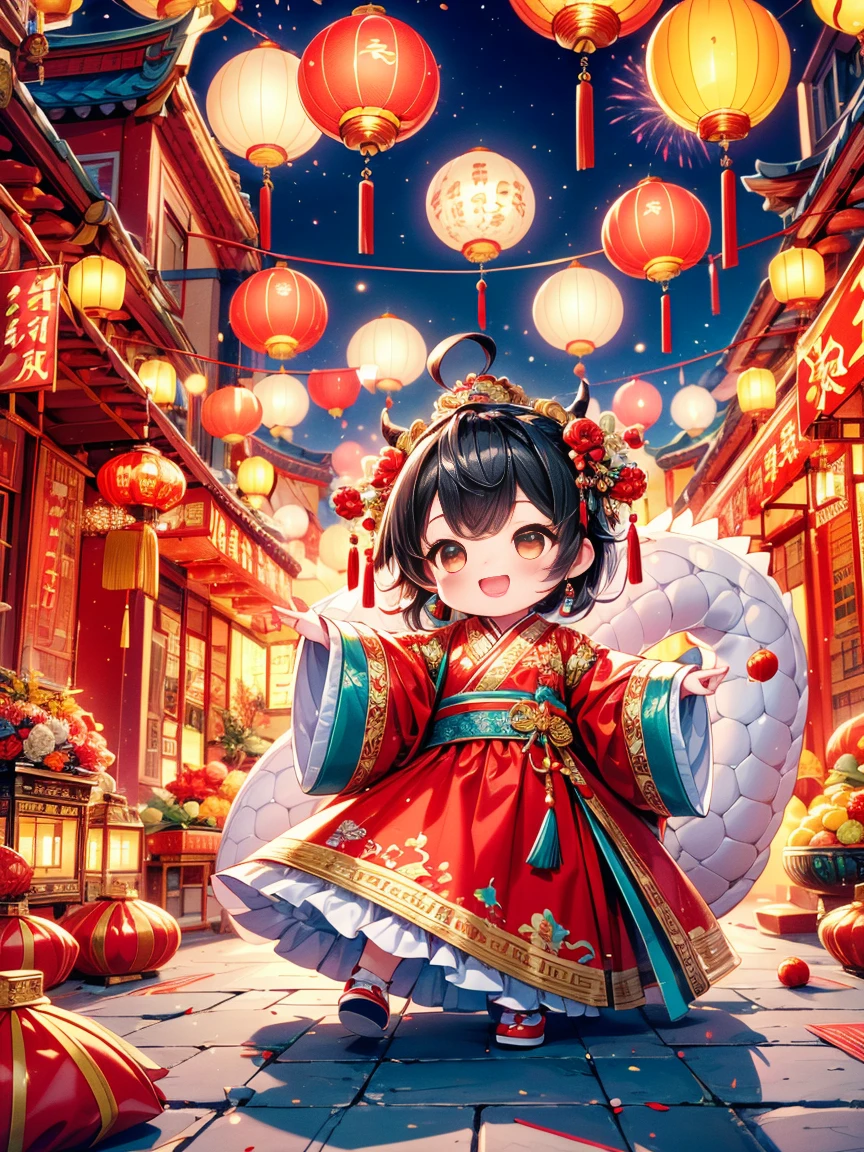 (ultra-detailed,highres:1.2), Extremely cute toddler princess, Chinese dragon, Chinese New Year celebration, fireworks, firecrackers, red spring couplets, vibrant colors, traditional costumes, joyful atmosphere, lanterns, auspicious symbols, dragon dance, festive decorations, lively crowd, happy children, animated expressions, intricate dragon scales, intricate embroidery, intricate patterns, swirling dragon tail, dynamic movements, traditional music, rhythmic drums, joyful laughter, golden ornaments, auspicious red, bustling streets, excitement in the air, glowing lanterns, vibrant energy, cultural heritage, festive atmosphere, traditional customs, prosperity and good fortune, vibrant celebrations, heartwarming family reunion