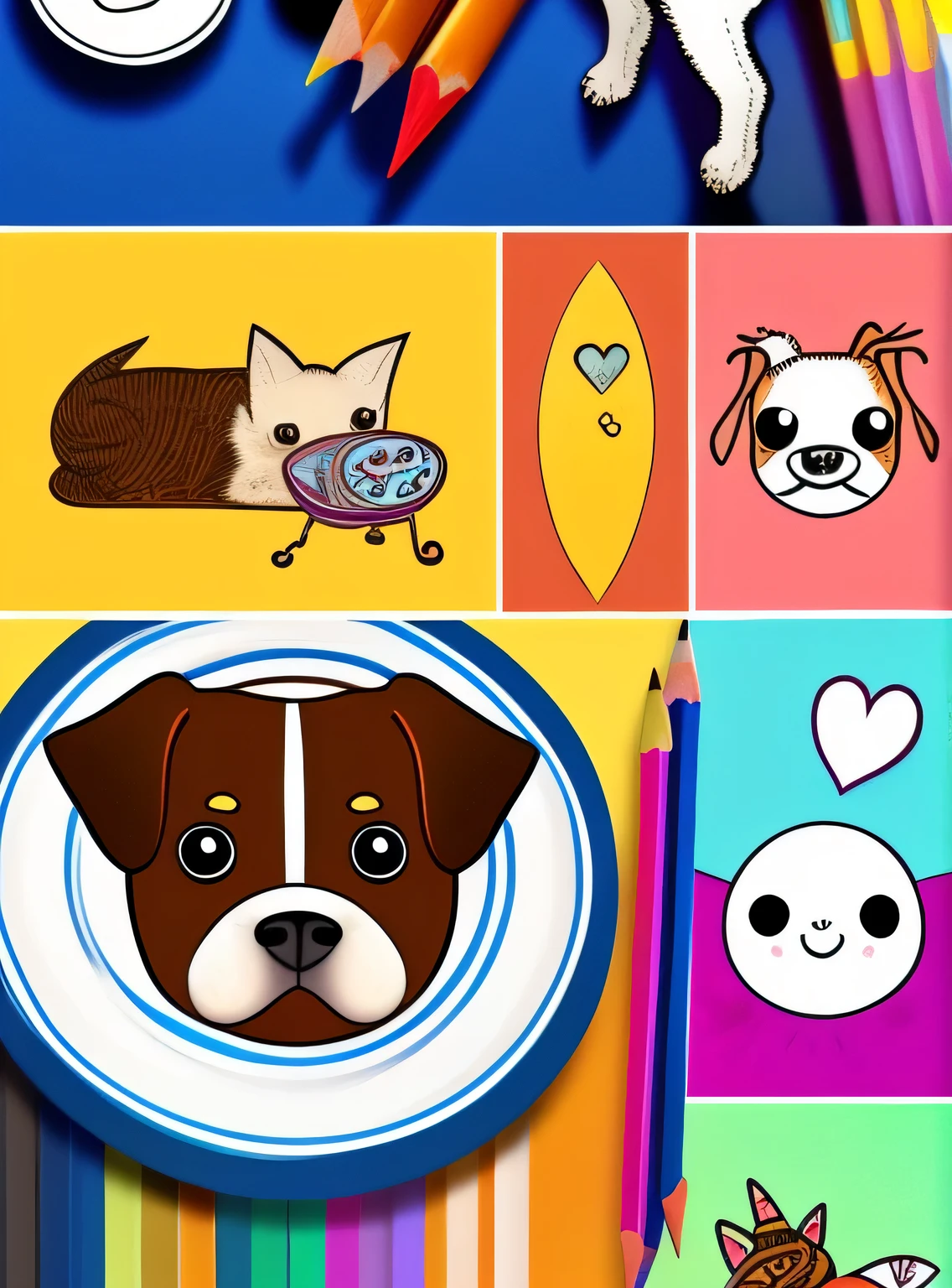 There are a lot of different colors of dogs with pencils on the plate, arte digital detalhada fofa, arte de detalhe bonito, pictogramas bonitos, arte digital fofa, Pintura digital fofa, cor bonito bonito, inspired by Chai Mansion, Arte de jogos para celular, colorful dogs, rostos fofos, criaturas fofas, inspirado em Murakami, personagens fofinhos 