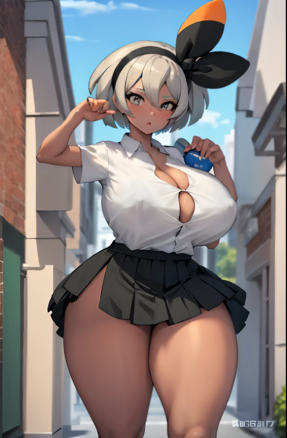 (masterpiece,best quality, detailed), 1girl, solo, outdoors, street, looking at viewer, cowboy shot,
bea \(pokemon\), bow hairband, school uniform, white buttoned shirt, black mini skirt, sneakers, mature, breast expansion, BEreaction, growing breasts, thick thighs, 