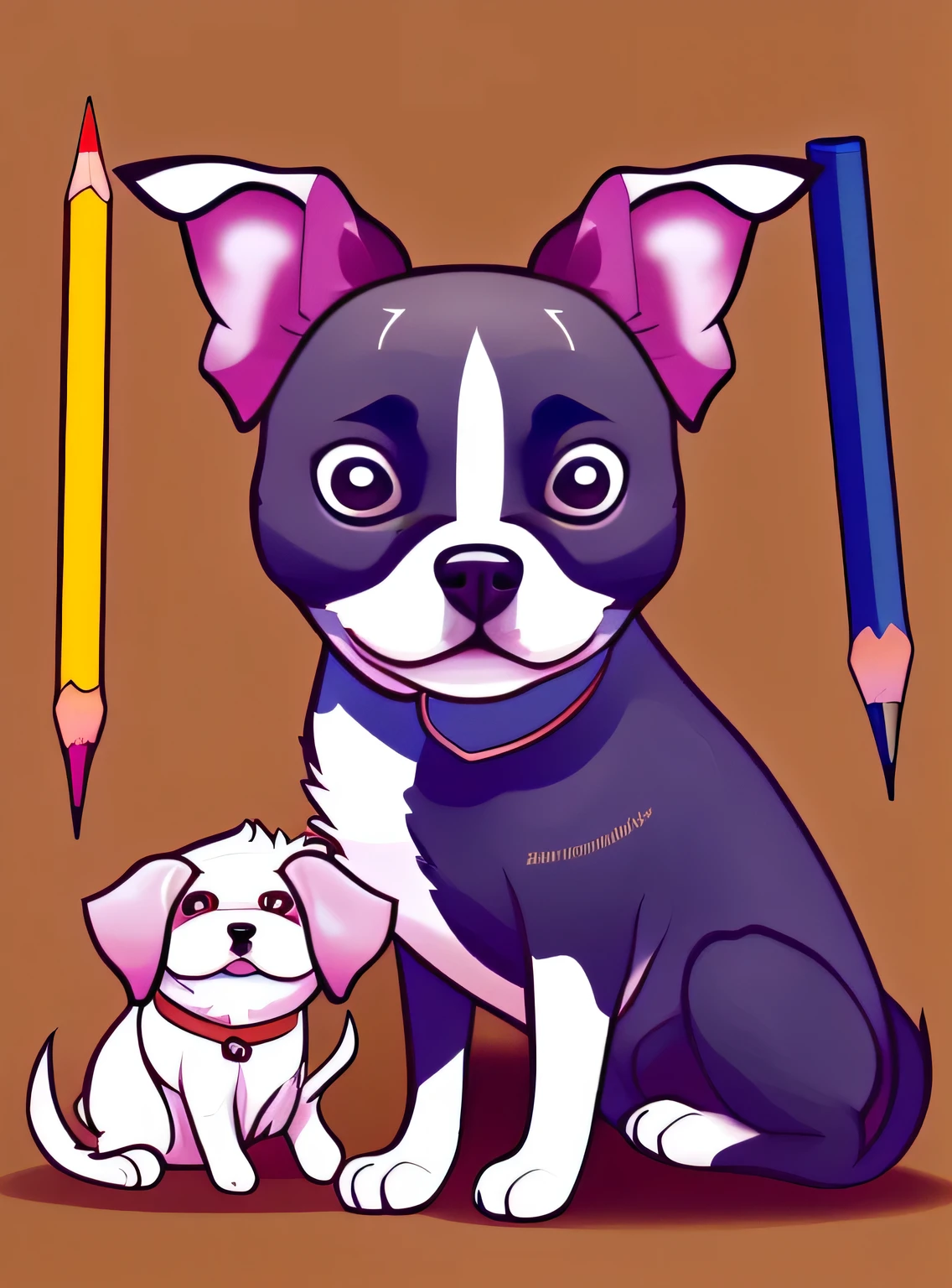 There are a lot of different colors of dogs with pencils on the plate, arte digital detalhada fofa, arte de detalhe bonito, pictogramas bonitos, arte digital fofa, Pintura digital fofa, cor bonito bonito, inspired by Chai Mansion, Arte de jogos para celular, colorful dogs, rostos fofos, criaturas fofas, inspirado em Murakami, personagens fofinhos