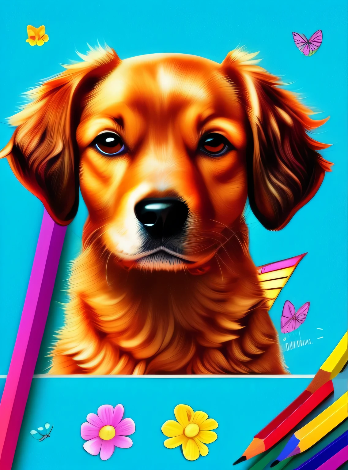 There are a lot of different colors of dogs with pencils on the plate, arte digital detalhada fofa, arte de detalhe bonito, pictogramas bonitos, arte digital fofa, Pintura digital fofa, cor bonito bonito, inspired by Chai Mansion, Arte de jogos para celular, colorful dogs, rostos fofos, criaturas fofas, inspirado em Murakami, personagens fofinhos