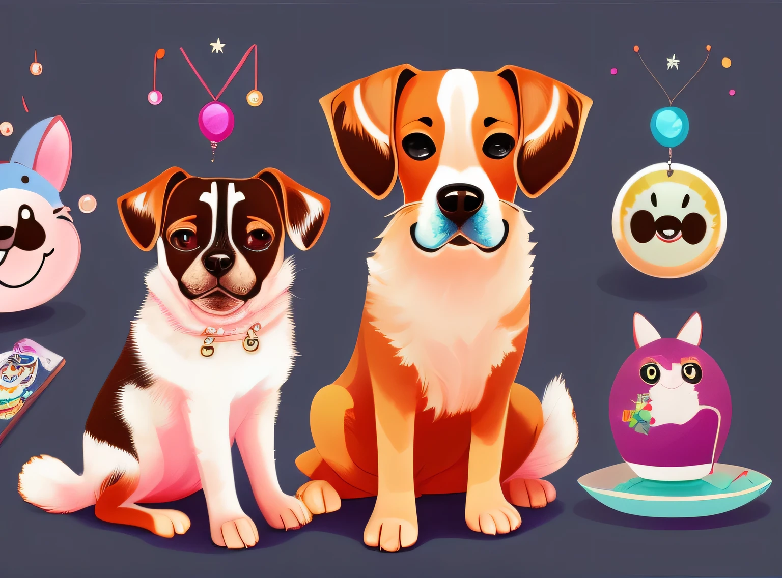 There are a lot of different colors of dogs with pencils on the plate, arte digital detalhada fofa, arte de detalhe bonito, pictogramas bonitos, arte digital fofa, Pintura digital fofa, cor bonito bonito, inspired by Chai Mansion, Arte de jogos para celular, colorful dogs, rostos fofos, criaturas fofas, inspirado em Murakami, personagens fofinhos