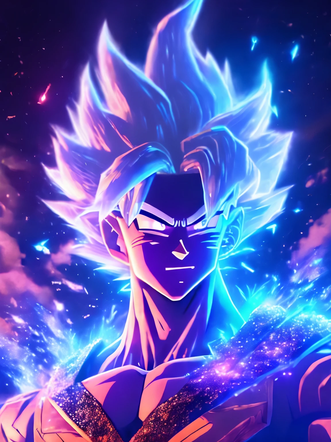 chest of Retrato sombrio de supersayajin goku do Dragonball super, extremamente detalhado, futuristic cityscape, noite, glowing neon lights, smoke, sparks, Metal shavings, Detritos voadores, efeitos da energia azul, volumetric light