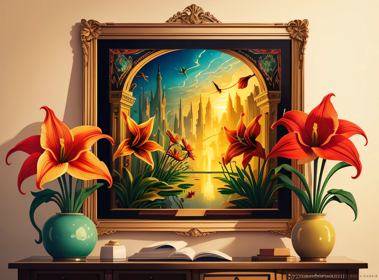 melhor qualidade, obra de arte, ultra high resolution, (foto realista: 1.4), surrealismo, sonhe como, Amaryllis flower, ((Arte abstrata)), Bordado