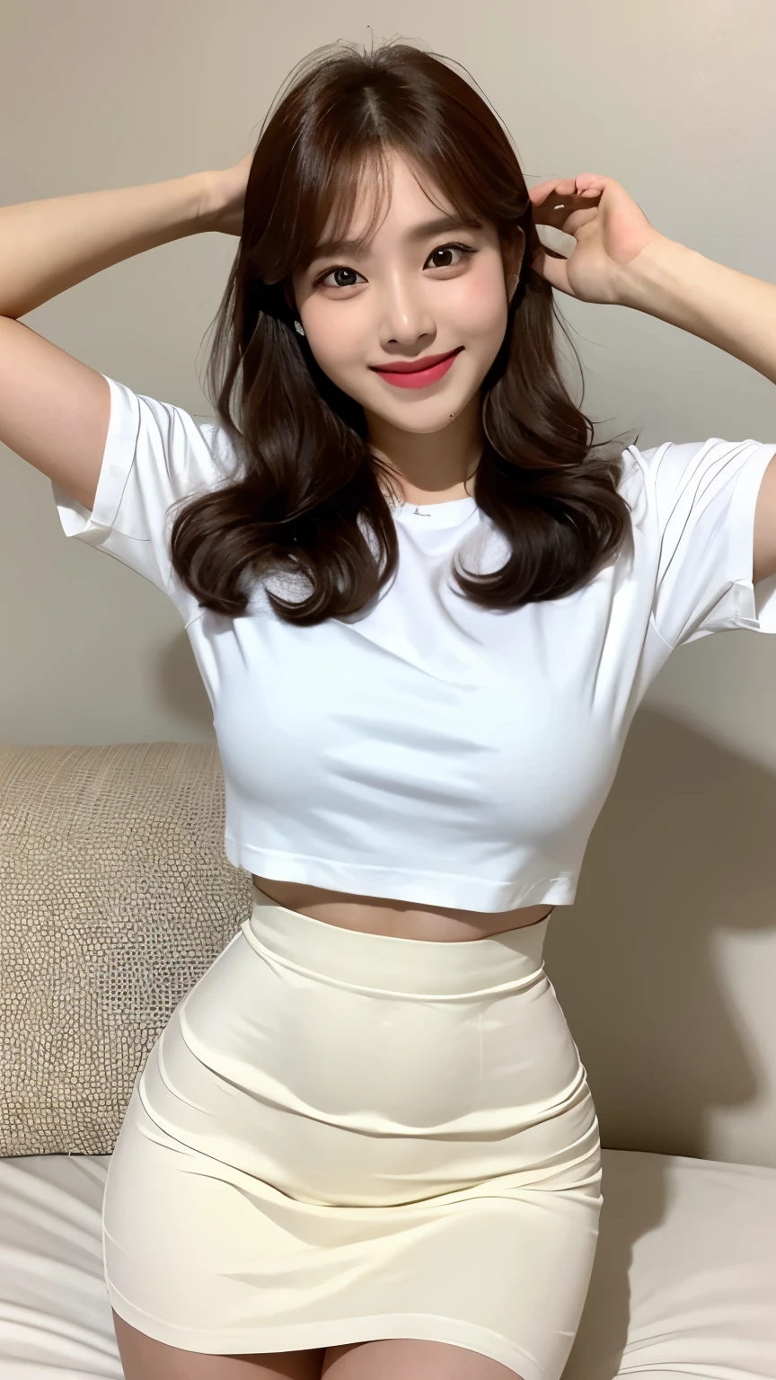 White tight shirt、White tight mini skirt、bed、smile、short sleeve、high resolution、Hallyu Idol Face