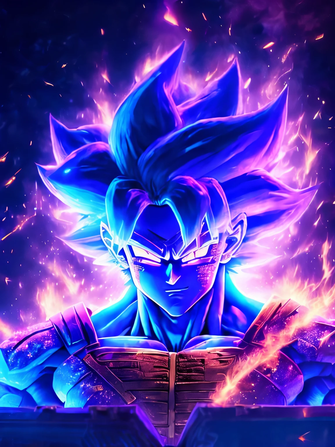 chest of Retrato sombrio de supersayajin goku do Dragonball super, extremamente detalhado, futuristic cityscape, noite, glowing neon lights, smoke, sparks, Metal shavings, Detritos voadores, efeitos da energia azul, volumetric light