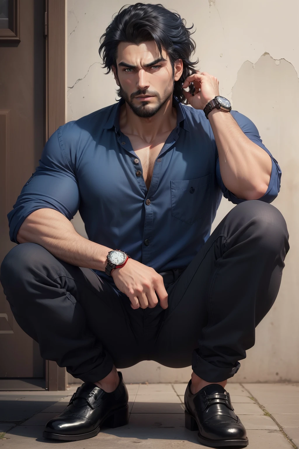 FRED barbarian man with black hair, messy hair, slight beard, ferocious expression, strong build, intense gaze, veins bulging on his neck, BREAK dressed in modern casual wear, deep blush, smirk,
BREAK (indigo theme:1.4), (tucked out and button-up oversized red collared-shirt with blue shirt-hem:1.5), (long sleeves:1.2), ((collarbone, wrist):1.3), BREAK (black theme:1.2), (khaki loose long-pants:1.2), (black shoes:1.2), ((wrist watch):1.2)