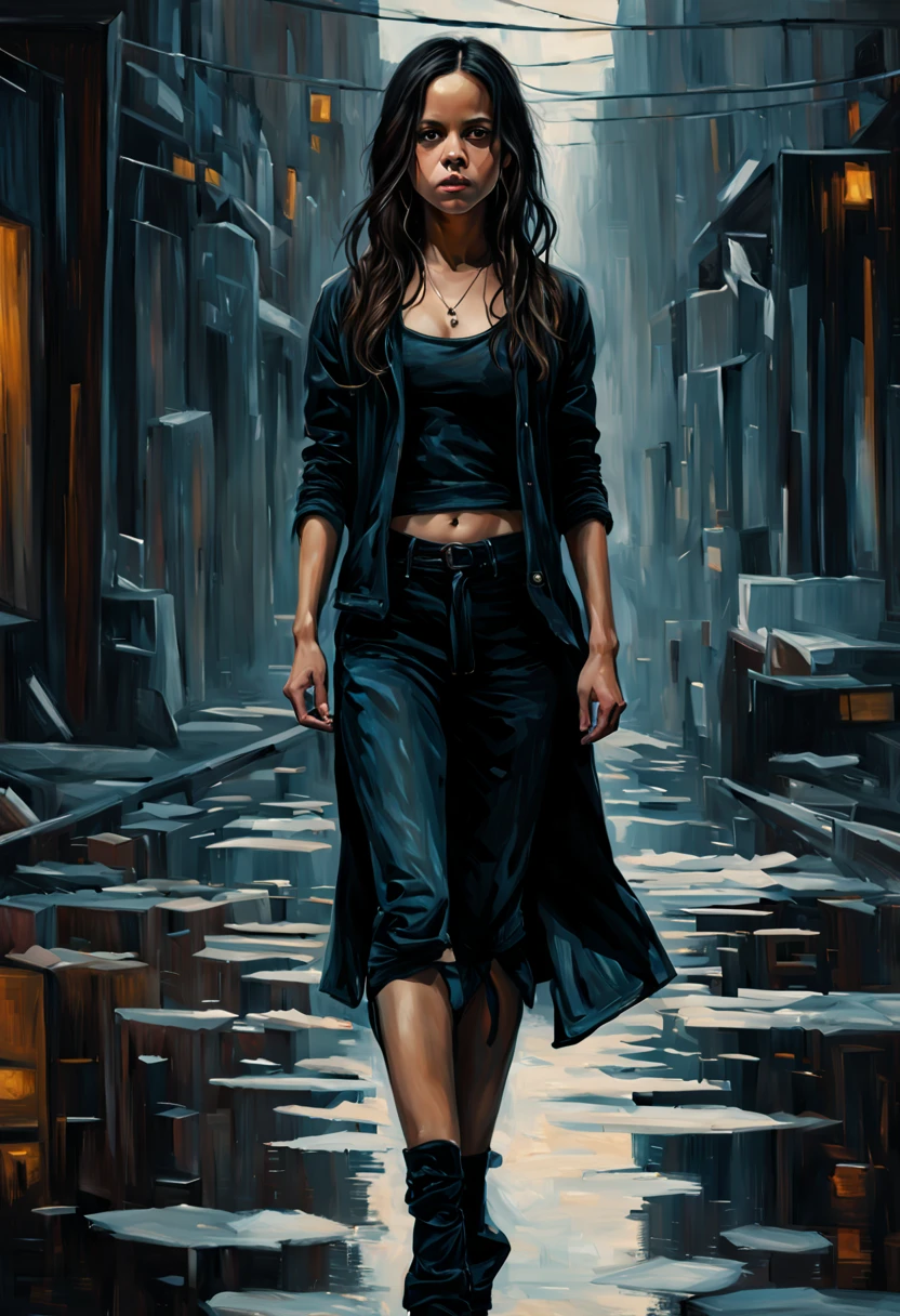 Full length view. Jenna Ortega "Wednesday" is a graceful figure in a dark but stylish outfit. Beautiful cinematic impressionist painting, Dark Gloomy Creepy Character, in the style of Jeremy Mann and Charles Dana Gibson, Mark Demsteader, Paul Hedley. Atrovirene tone, ultra HD 8k, photorealism, ultra-detailed, 8k/bipoc women, full-length. Jenna Ortega "Wednesday" refractogram, photo negative --ar 8:10 --v 6.0...cyberbiochemical art, ideal body anatomy, whole body, photo negative refractography --ar 3:5 --s 50.
