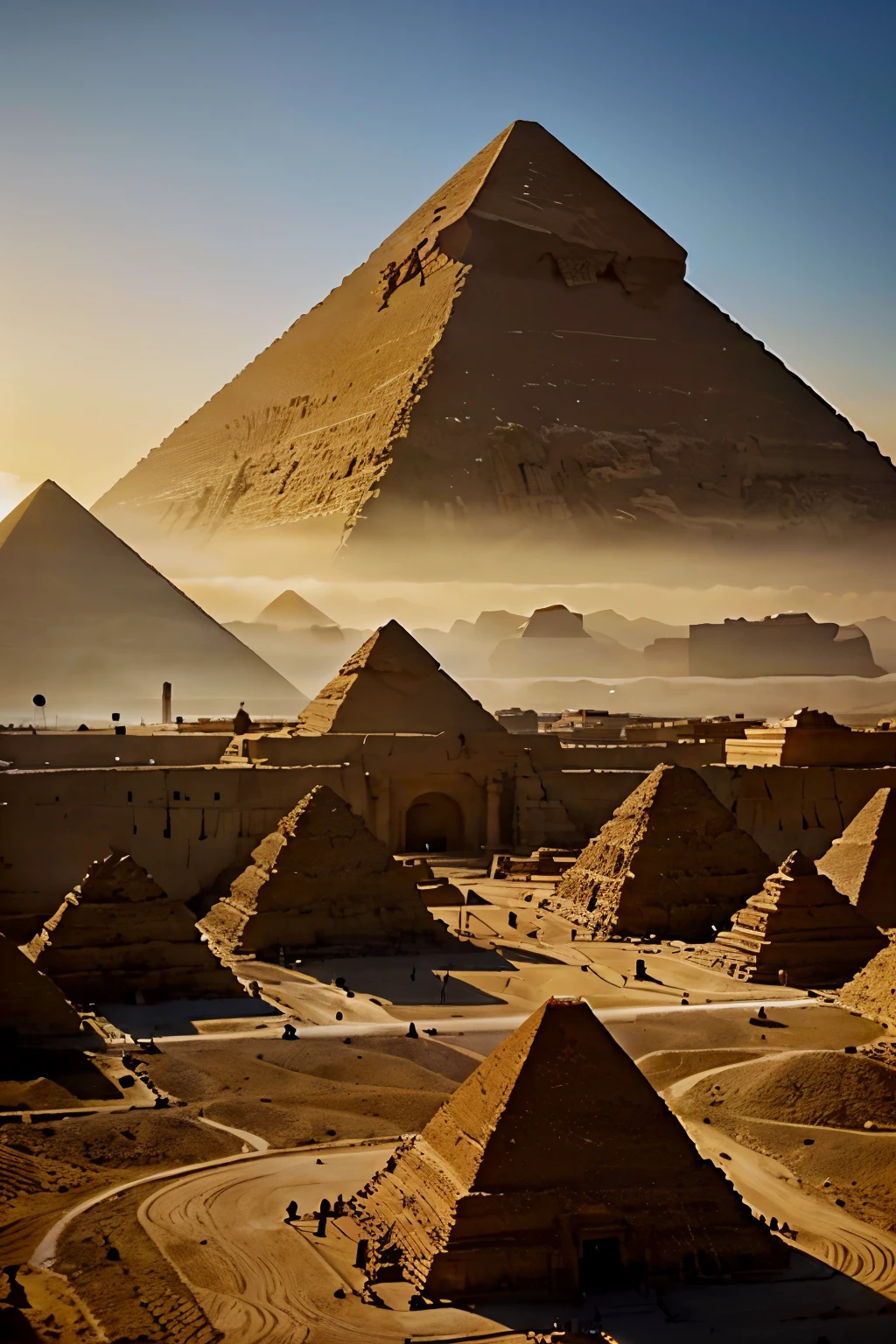 "Transport yourself to Ancient Egypt in front of an impressive scenery: enormous pyramids, rising majestically on the horizon, their imposing faces illuminated by the golden rays of the setting sun. At the base of the pyramids, describe the movement of dedicated workers and architects, while Giant sphinxes guard ancient secrets. Capture the grandeur of the pyramids with precise architectural detail, revealing the magnitude of their construction and the immortality they evoke."