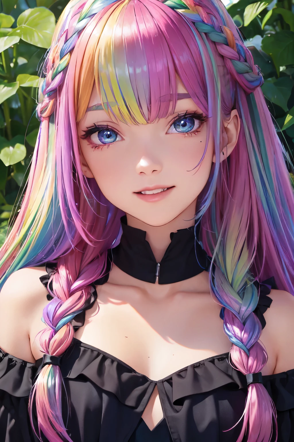 (In 8K, best quality, muste piece:1.3)、ultra high resolution,1 female 16 years old、ultra-detailed face,detailed eyes,open mouth,laughing,((Rainbow Hair)),asymmetrical bangs,twin braids,BREAK,((flower dress)),ruffle skirt,BREAK,(iridescent light:1.4),botanical garden