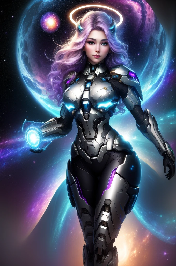 (masterpiece, top quality, best quality, official art, beautiful and aesthetic:1.2), (1girl:1.3), extremely long curly golden hair, extremely detailed, portrait, looking at viewer, solo, (full body:0.6), detailed background, close up, (cool science fiction space theme:1.1), extremely busty valkyrie, charlatan, mysterious, shooting lasers in space, cybernetic angel, huge feathered wings, chrome boob armor, dark purple streamers and skirts and sleeves and knee wrappings, cybernetic implants, mechanical hand, laser cannon, arm cannon, revealing chrome armor, bare midriff, glowing laser energy, halo, intricate armor, ornate chrome armor, sheer white fabric, elegant purple fabric, skirts, streamers, cowl, boots, bracers, ((((gigantic breasts)))), slim waist, slim hips, long legs, athletic, SPACE, futuristic moon, (space exterior:1.1) background, dark mysterious lighting, shadows, magical atmosphere, dutch angle