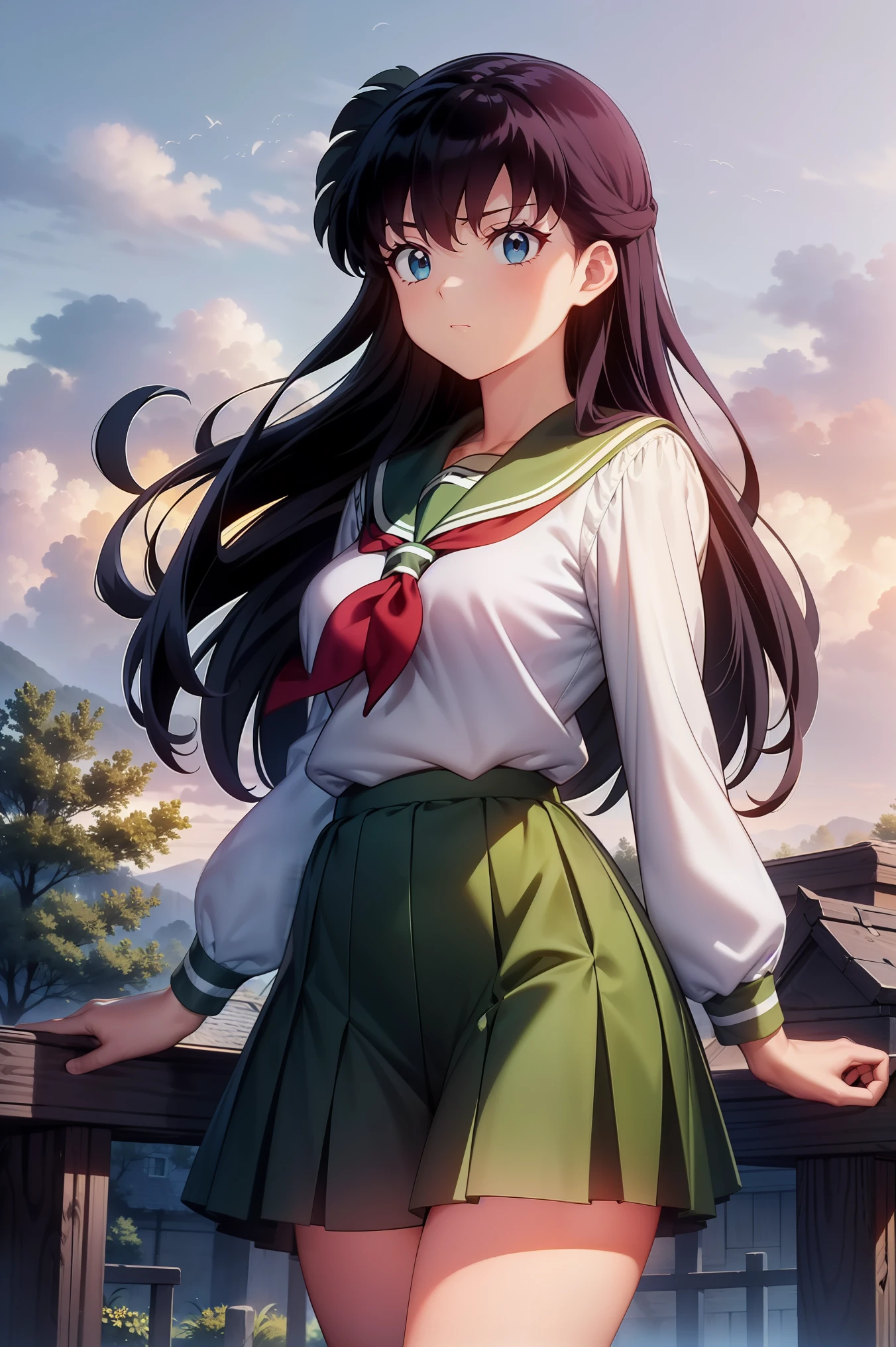 (Masterpiece: 1.6, Best Quality), (Fine Beautiful Eyes: 1.2), (best quality, masterpiece, highres), kagome higurashi, 1girl, solo, green school uniform, soft thighs , long sleeves, white socks, scenery , Best Quality, ((anime)) ((Colored)) HD, ,Standing, Green skirt, Red scarf, long  hair, Black hair between the eyes, Thighs are soft, school background