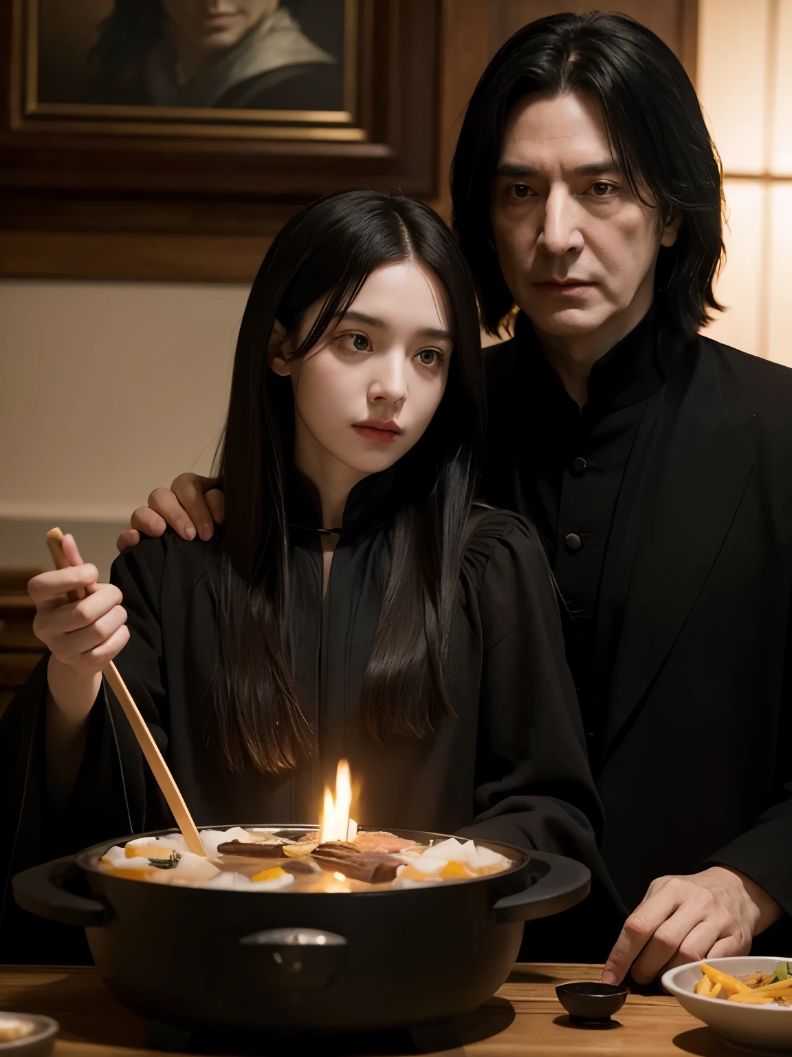 Severus Snape and Lily Evans eat hot pot together,meticulous portrait