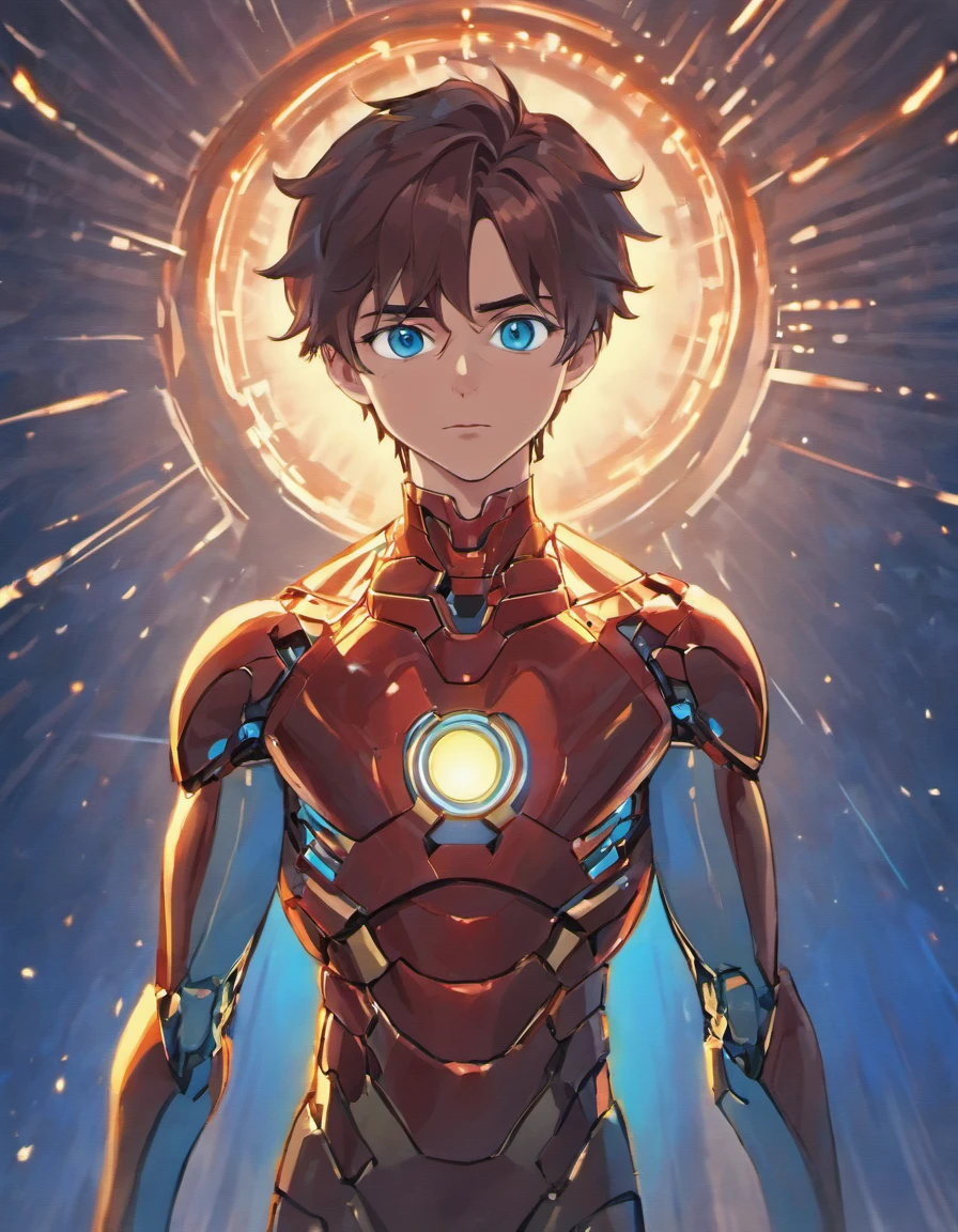 Tony Stark, land-616, Left Arm Prosthesis, eyes glow blue, looking into the camera, top view 3:4, blurred background