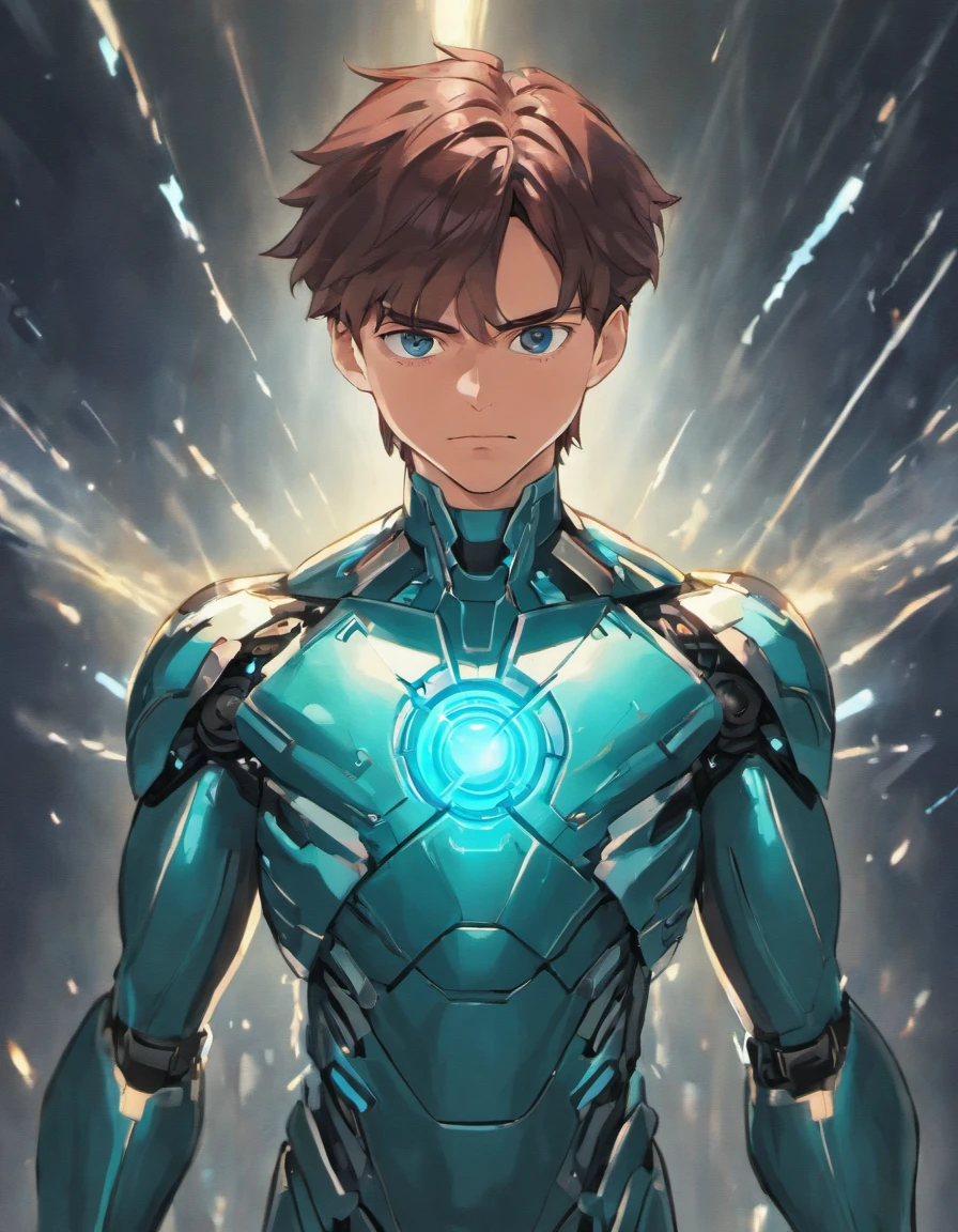 Tony Stark, land-616, Left Arm Prosthesis, eyes glow blue, looking into the camera, top view 3:4, blurred background