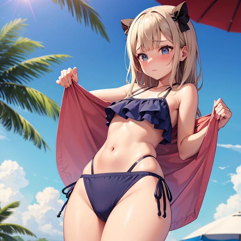 Show me an embarrassed girl wearing a two piece bikini that is too small for her