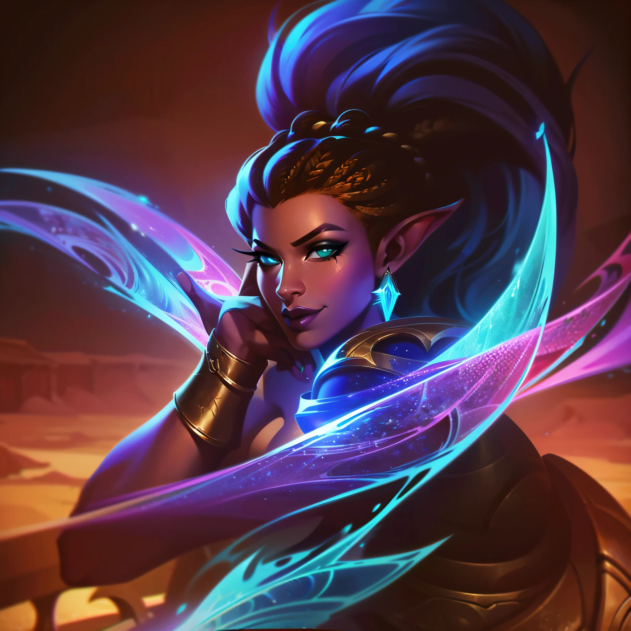 (best quality), illustration, high color, all colors deepened, league of legends splash art style, brown-skin (african), half-tiefling, dnd character, ponytailed cornrow hair, desert fantasy character, (face feature similar to samirah from league of legends), similar to senna (league of legends)